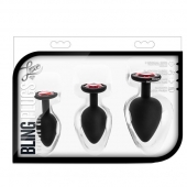 Набор черных анальных пробок с красным кристаллом-сердечком Bling Plugs Training Kit - Blush Novelties - купить с доставкой в Калининграде