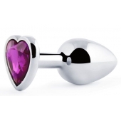 Серебристая анальная пробка с фиолетовым кристаллом-сердечком - 8 см. - Anal Jewelry Plug - купить с доставкой в Калининграде