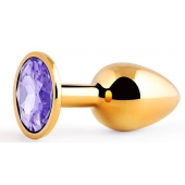 Золотистая анальная пробка с фиолетовым стразом - 7,2 см. - Anal Jewelry Plug - купить с доставкой в Калининграде