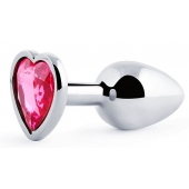Серебристая анальная пробка с розовым кристаллом-сердечком - 7 см. - Anal Jewelry Plug - купить с доставкой в Калининграде