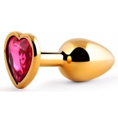 Золотистая анальная пробка с малиновым кристаллом-сердечком - 7 см. - Anal Jewelry Plug - купить с доставкой в Калининграде
