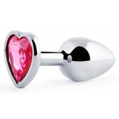 Серебристая анальная пробка с малиновым кристаллом-сердечком - 7 см. - Anal Jewelry Plug - купить с доставкой в Калининграде