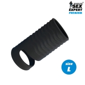 Черная открытая насадка на пенис с кольцом для мошонки L-size - 8,5 см. - Sex Expert - в Калининграде купить с доставкой