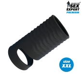 Черная открытая насадка на пенис с кольцом для мошонки XXL-size - 9,4 см. - Sex Expert - в Калининграде купить с доставкой