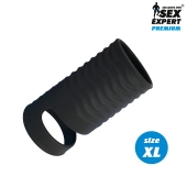 Черная открытая насадка на пенис с кольцом для мошонки XL-size - 8,9 см. - Sex Expert - в Калининграде купить с доставкой