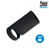 Черная открытая насадка на пенис с кольцом для мошонки size M - 7,9 см. - Sex Expert - в Калининграде купить с доставкой