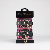 Черные кожаные наручники с розовой строчкой - Crazy Handmade - купить с доставкой в Калининграде