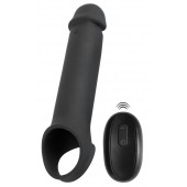 Черная вибронасадка для пениса с хомутом для мошонки и пультом ДУ Remote Controlled Penis Extension - Orion - в Калининграде купить с доставкой