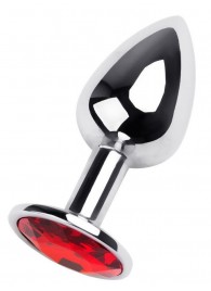 Маленькая коническая серебристая анальная пробка с красным кристаллом - 7 см. - ToyFa - купить с доставкой в Калининграде