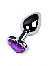 Серебристая коническая анальная пробка с фиолетовым кристаллом-сердечком - 7 см. - ToyFa - купить с доставкой в Калининграде