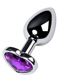 Серебристая коническая анальная пробка с фиолетовым кристаллом-сердечком - 7 см. - ToyFa - купить с доставкой в Калининграде
