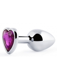Серебристая анальная пробка с фиолетовым кристаллом-сердечком - 8 см. - Anal Jewelry Plug - купить с доставкой в Калининграде