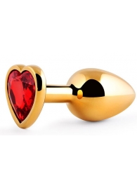 Золотистая анальная пробка с красным стразом-сердечком - 8 см. - Anal Jewelry Plug - купить с доставкой в Калининграде