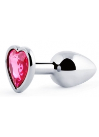 Серебристая анальная пробка с розовым кристаллом-сердечком - 7 см. - Anal Jewelry Plug - купить с доставкой в Калининграде