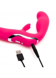 Ярко-розовый безремневой страпон Rechargeable Vibrating Strapless Strap-On - Happy Rabbit - купить с доставкой в Калининграде