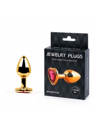 Золотистая анальная пробка с малиновым кристаллом-сердечком - 7 см. - Anal Jewelry Plug - купить с доставкой в Калининграде