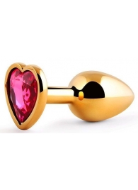 Золотистая анальная пробка с малиновым кристаллом-сердечком - 7 см. - Anal Jewelry Plug - купить с доставкой в Калининграде