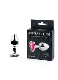 Серебристая анальная пробка с малиновым кристаллом-сердечком - 7 см. - Anal Jewelry Plug - купить с доставкой в Калининграде