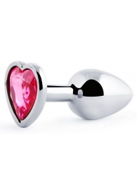 Серебристая анальная пробка с малиновым кристаллом-сердечком - 7 см. - Anal Jewelry Plug - купить с доставкой в Калининграде
