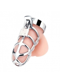 Серебристая металлическая клетка для члена с замком Enslave Cock Cage - BlueLine - купить с доставкой в Калининграде