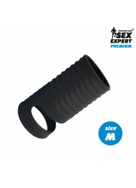 Черная открытая насадка на пенис с кольцом для мошонки size M - 7,9 см. - Sex Expert - в Калининграде купить с доставкой