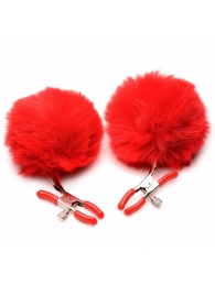 Красные зажимы на соски с помпонами Pom Pom - XR Brands - купить с доставкой в Калининграде