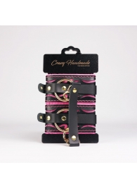 Черные кожаные оковы с розовой строчкой - Crazy Handmade - купить с доставкой в Калининграде