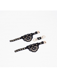 Черные кожаные наручники с клепками, кольцами и золотистой фурнитурой - Crazy Handmade - купить с доставкой в Калининграде