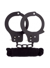 Чёрные наручники из листового металла в комплекте с веревкой BONDX METAL CUFFS LOVE ROPE SET - Dream Toys - купить с доставкой в Калининграде