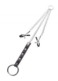 Серебристо-чёрные зажимы для сосков с кольцом для пениса TOYFA Metal - ToyFa - купить с доставкой в Калининграде