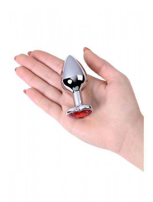 Серебристая коническая анальная пробка с красным кристаллом-сердечком - 7 см. - ToyFa - купить с доставкой в Калининграде
