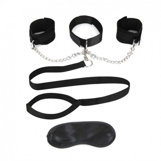 Чёрный ошейник с наручниками и поводком Collar Cuffs   Leash Set - Lux Fetish - купить с доставкой в Калининграде