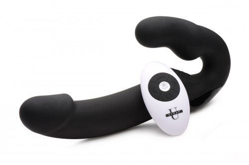 Черный безремневой страпон Urge Silicone Strap On с пультом ДУ - 24 см. - XR Brands - купить с доставкой в Калининграде