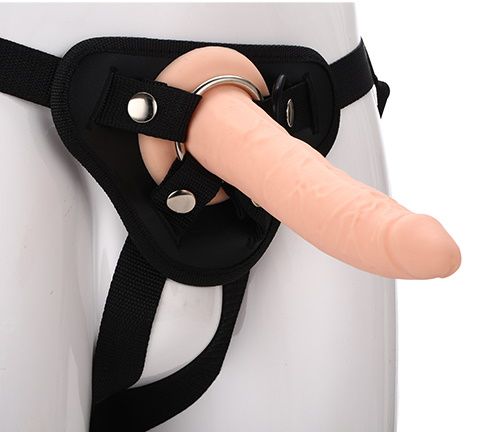 Телесный страпон на черных трусиках STRAP ON REAL DILDO - 20 см. - Dream Toys - купить с доставкой в Калининграде