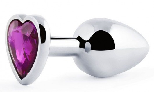 Серебристая анальная пробка с фиолетовым кристаллом-сердечком - 8 см. - Anal Jewelry Plug - купить с доставкой в Калининграде