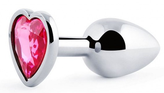 Серебристая анальная пробка с розовым кристаллом-сердечком - 7 см. - Anal Jewelry Plug - купить с доставкой в Калининграде
