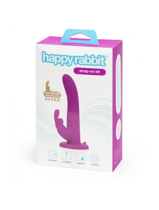 Лиловый страпон Rechargeable Vibrating Strap-On Harness Set - 17,6 см. - Happy Rabbit - купить с доставкой в Калининграде