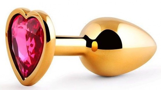 Золотистая анальная пробка с малиновым кристаллом-сердечком - 7 см. - Anal Jewelry Plug - купить с доставкой в Калининграде