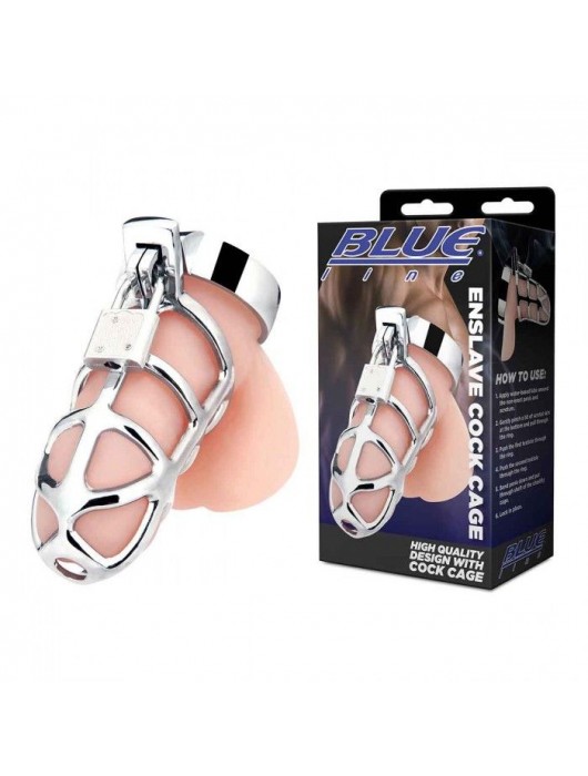 Серебристая металлическая клетка для члена с замком Enslave Cock Cage - BlueLine - купить с доставкой в Калининграде