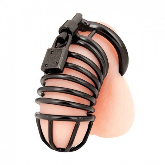 Черная металлическая клетка с замком Deluxe Chastity Cage - BlueLine - купить с доставкой в Калининграде