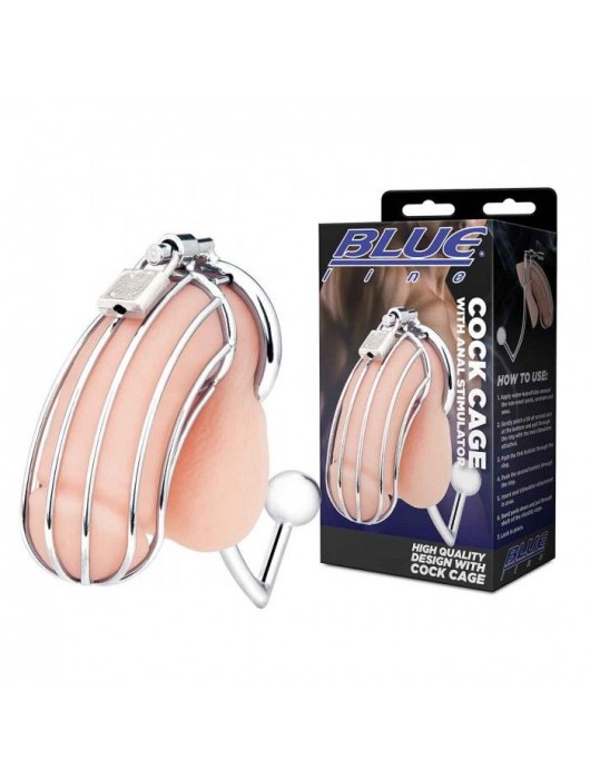 Серебристая металлическая клетка с анальным стимулятором Cock Cage - BlueLine - купить с доставкой в Калининграде