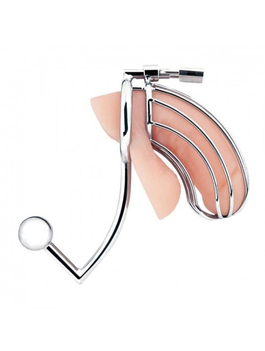 Серебристая металлическая клетка с анальным стимулятором Cock Cage - BlueLine - купить с доставкой в Калининграде