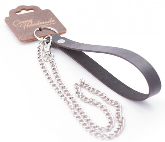 Серебристый металлический поводок с кожаной черной ручкой - 80 см. - Crazy Handmade - купить с доставкой в Калининграде