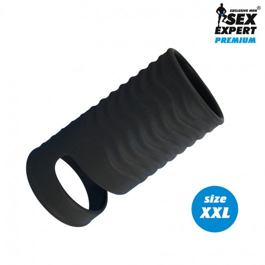 Черная открытая насадка на пенис с кольцом для мошонки XXL-size - 9,4 см. - Sex Expert - в Калининграде купить с доставкой