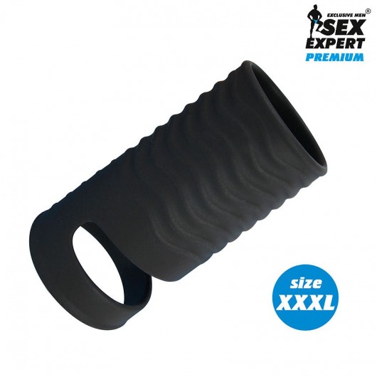 Черная открытая насадка на пенис с кольцом для мошонки XXXL-size - 9,9 см. - Sex Expert - в Калининграде купить с доставкой