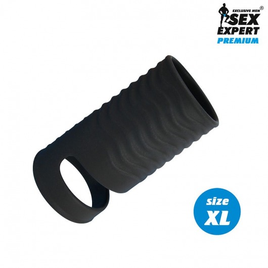 Черная открытая насадка на пенис с кольцом для мошонки XL-size - 8,9 см. - Sex Expert - в Калининграде купить с доставкой