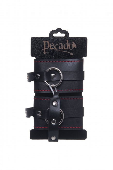 Черные кожаные однослойные оковы с контрастной строчкой - Pecado - купить с доставкой в Калининграде