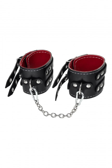 Черные кожаные оковы с двумя ремнями и красной подкладкой - Pecado - купить с доставкой в Калининграде