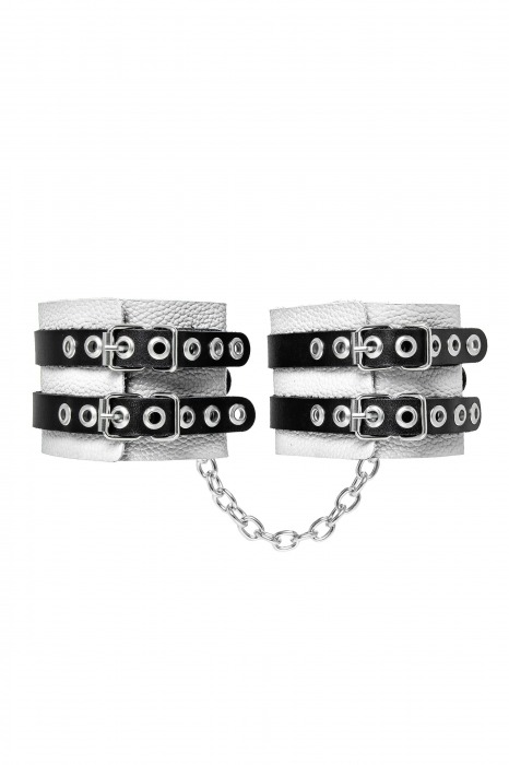 Бело-черные оковы с двумя ремешками и люверсами - Pecado - купить с доставкой в Калининграде