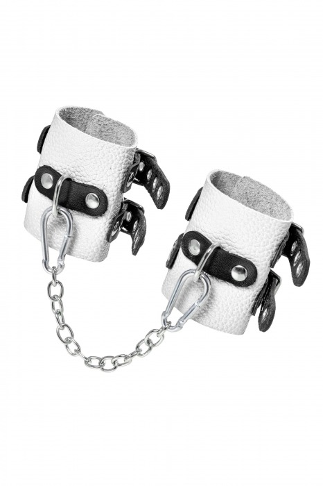 Бело-черные наручники с двумя ремешками и люверсами - Pecado - купить с доставкой в Калининграде